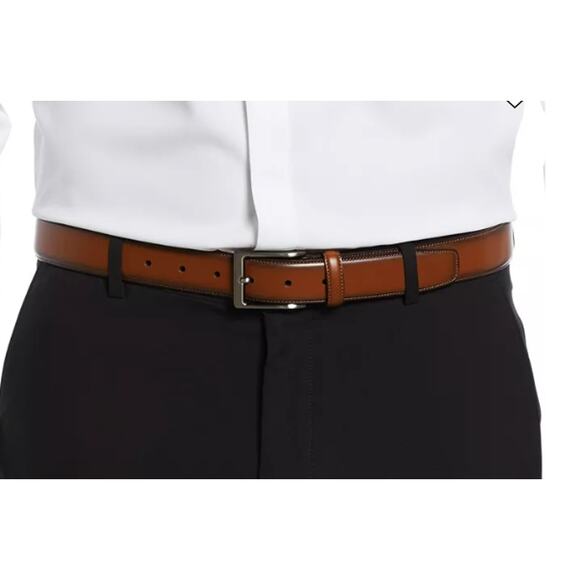 PERRY ELLIS 32 Brown Belt Leather Full Grain Cowhide Silver - Picture 6 of 6